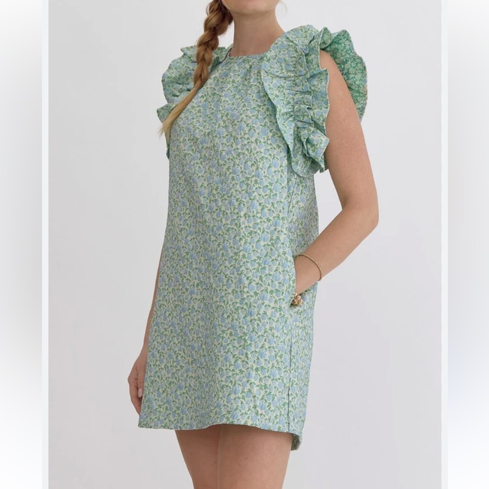 entro Light Green Floral Ruffle Sleeve Mini Dress